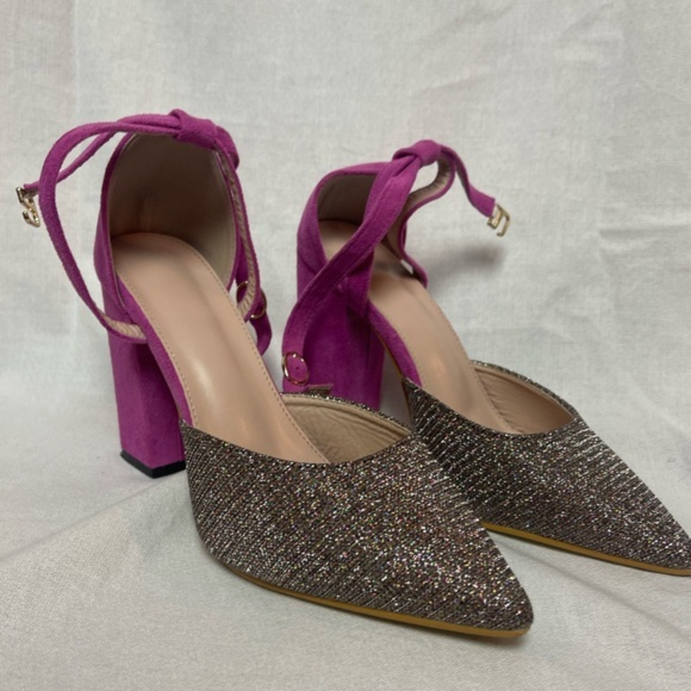 Two‎ Tone Glitter Chunky Heeled Ankle Strap Pumps